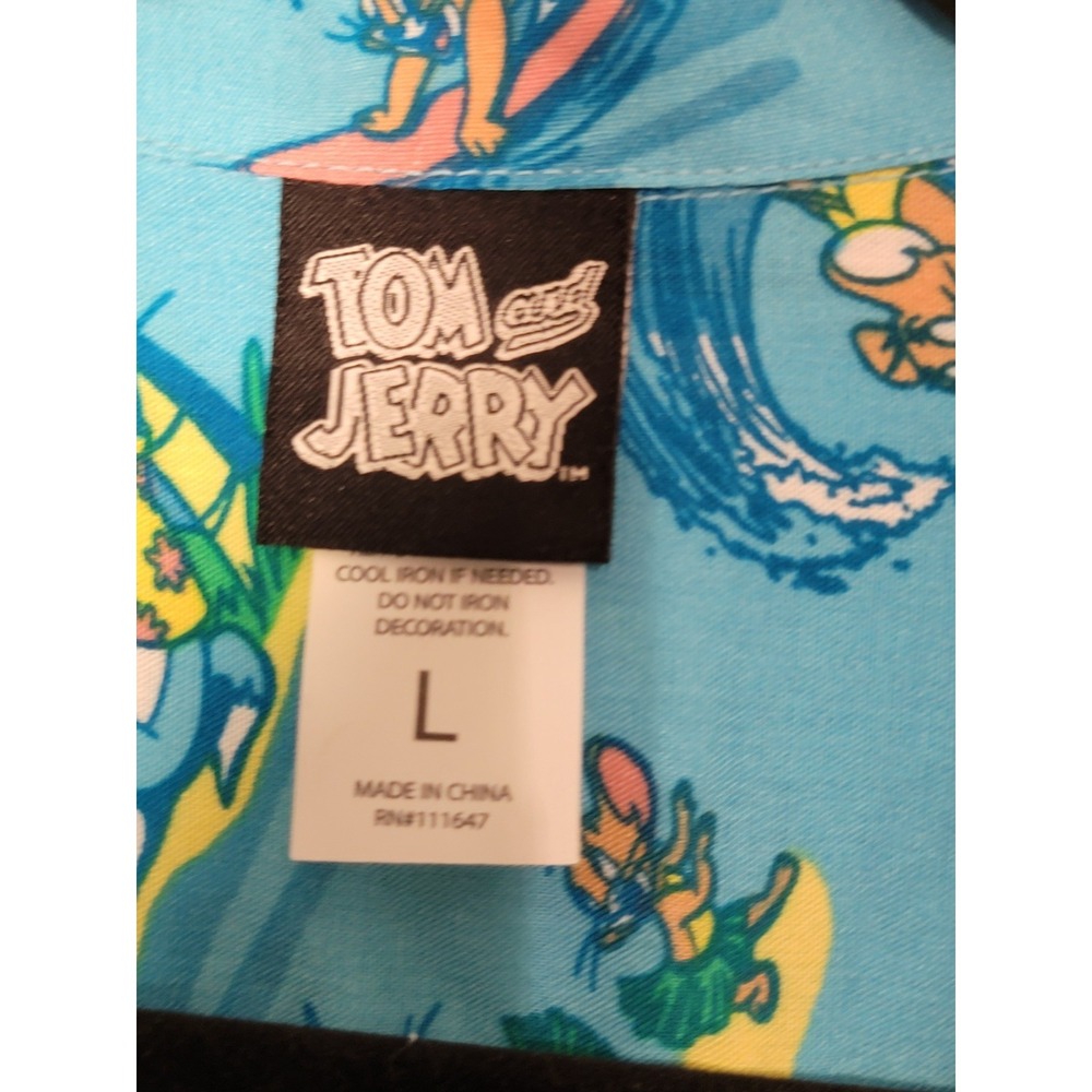 Tom And Jerry Shirt Mens LARGE Novelty Blue Button Up Rayon‎ - Picture 4 of 7